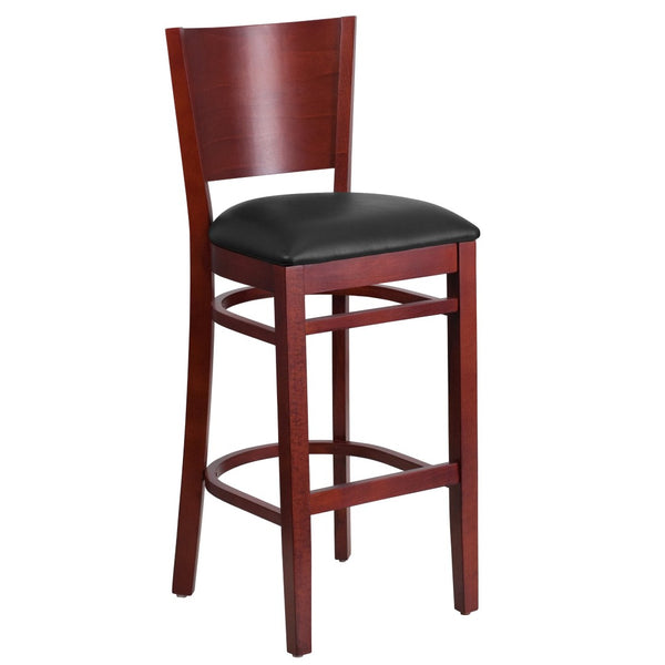 English Elm Lacey Series Elegant Solid Back Barstool - Durable Mahogany Frame for Restaurants and Homes Black Vinyl Seat/Mahogany Wood Frame XU-DG-W0094BAR-MAH-BLKV-GG