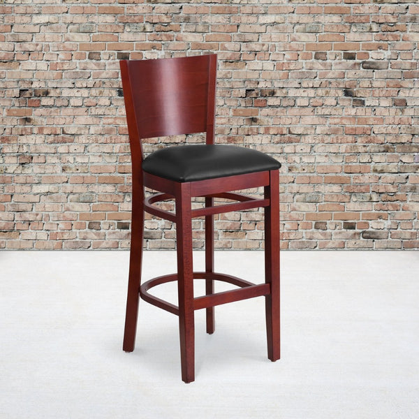 English Elm Lacey Series Elegant Solid Back Barstool - Durable Mahogany Frame for Restaurants and Homes Black Vinyl Seat/Mahogany Wood Frame XU-DG-W0094BAR-MAH-BLKV-GG