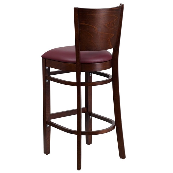 English Elm Lacey Series Elegant Solid Back Barstool - Durable Mahogany Frame for Restaurants and Homes Burgundy Vinyl Seat/Walnut Wood Frame XU-DG-W0094BAR-WAL-BURV-GG