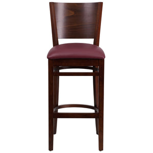 English Elm Lacey Series Elegant Solid Back Barstool - Durable Mahogany Frame for Restaurants and Homes Burgundy Vinyl Seat/Walnut Wood Frame XU-DG-W0094BAR-WAL-BURV-GG