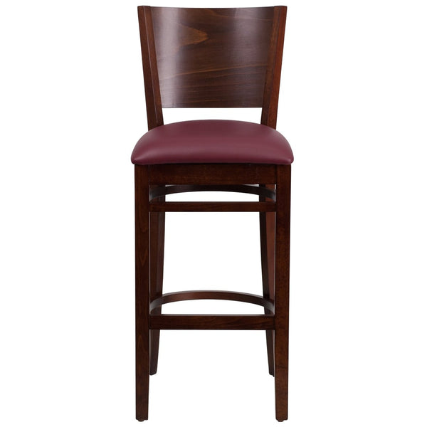 English Elm Lacey Series Elegant Solid Back Barstool - Durable Mahogany Frame for Restaurants and Homes Burgundy Vinyl Seat/Walnut Wood Frame XU-DG-W0094BAR-WAL-BURV-GG