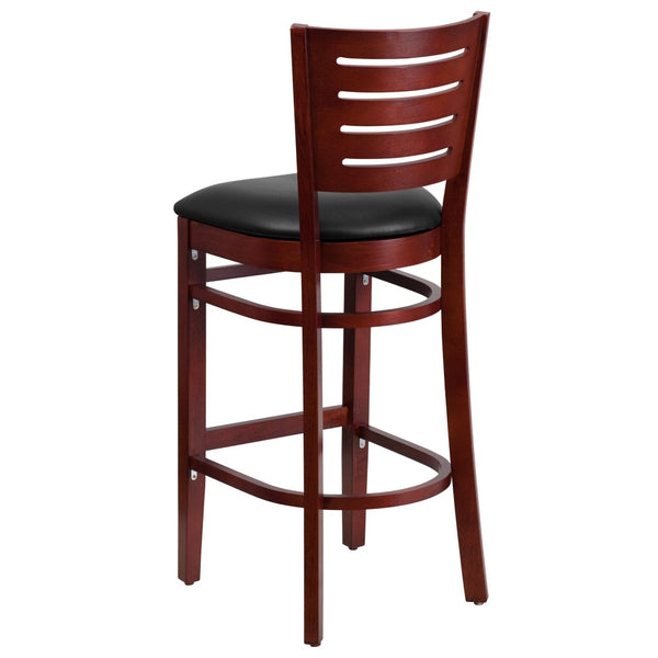 English Elm Darby Series Slat-Back Barstool - Elegant Mahogany Finish with Padded Comfort for Dining Spaces Black Vinyl Seat/Mahogany Wood Frame XU-DG-W0108BBAR-MAH-BLKV-GG
