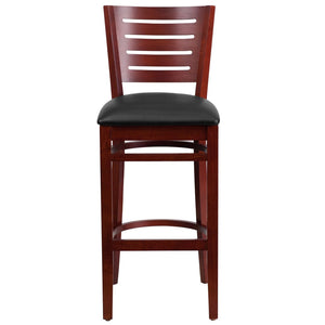 English Elm Darby Series Slat-Back Barstool - Elegant Mahogany Finish with Padded Comfort for Dining Spaces Black Vinyl Seat/Mahogany Wood Frame XU-DG-W0108BBAR-MAH-BLKV-GG