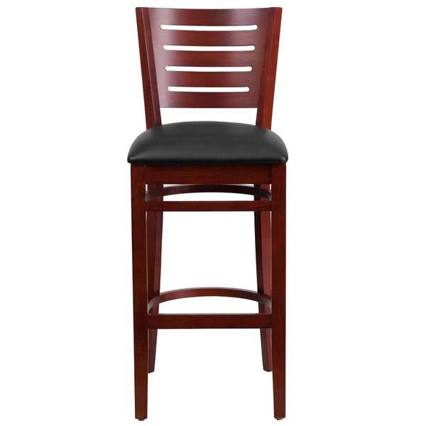 English Elm Darby Series Slat-Back Barstool - Elegant Mahogany Finish with Padded Comfort for Dining Spaces Black Vinyl Seat/Mahogany Wood Frame XU-DG-W0108BBAR-MAH-BLKV-GG
