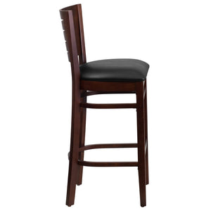 English Elm Darby Series Slat-Back Barstool - Elegant Mahogany Finish with Padded Comfort for Dining Spaces Black Vinyl Seat/Walnut Wood Frame XU-DG-W0108BBAR-WAL-BLKV-GG