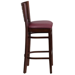 English Elm Darby Series Slat-Back Barstool - Elegant Mahogany Finish with Padded Comfort for Dining Spaces Burgundy Vinyl Seat/Walnut Wood Frame XU-DG-W0108BBAR-WAL-BURV-GG