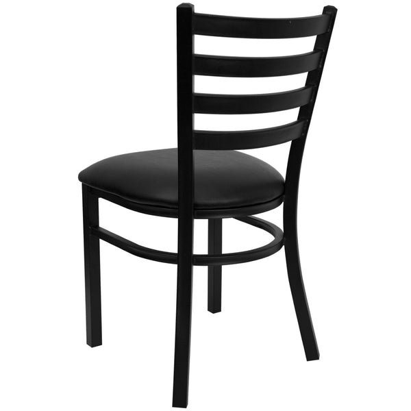 English Elm Carlton Stylish Banquet Table Set with Durable X-Base and Four Comfortable Ladder Back Chairs Black Top/Black Vinyl Seat 36" Square HDBF1013-GG