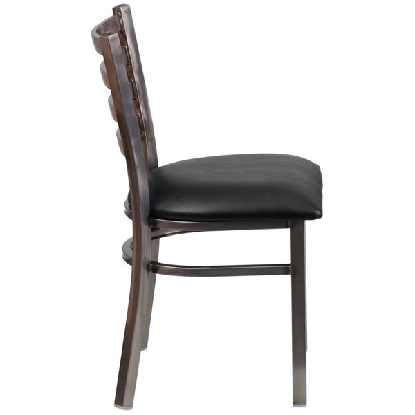 English Elm HERCULES Series Stylish Ladder Back Metal Chair with Cushioned Seat for Restaurants and Homes Black Vinyl Seat/Clear Coated Metal Frame XU-DG694BLAD-CLR-BLKV-GG