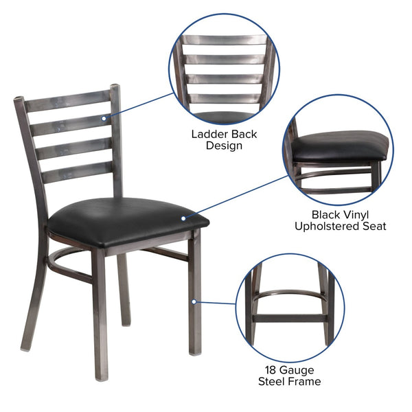 English Elm HERCULES Series Stylish Ladder Back Metal Chair with Cushioned Seat for Restaurants and Homes Black Vinyl Seat/Clear Coated Metal Frame XU-DG694BLAD-CLR-BLKV-GG