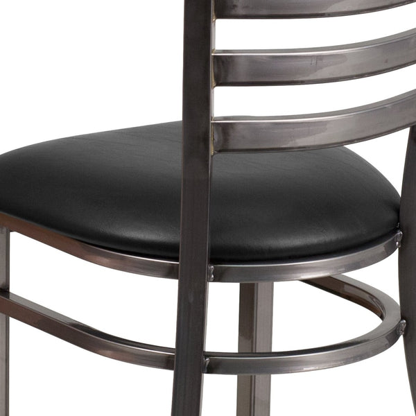 English Elm HERCULES Series Stylish Ladder Back Metal Chair with Cushioned Seat for Restaurants and Homes Black Vinyl Seat/Clear Coated Metal Frame XU-DG694BLAD-CLR-BLKV-GG