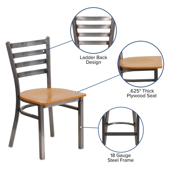 English Elm HERCULES Series Stylish Ladder Back Metal Chair with Cushioned Seat for Restaurants and Homes Natural Wood Seat/Clear Coated Metal Frame XU-DG694BLAD-CLR-NATW-GG