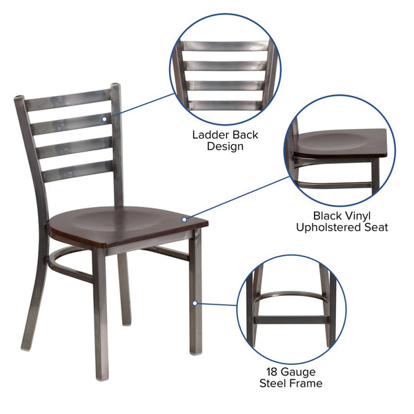 English Elm HERCULES Series Stylish Ladder Back Metal Chair with Cushioned Seat for Restaurants and Homes Walnut Wood Seat/Clear Coated Metal Frame XU-DG694BLAD-CLR-WALW-GG
