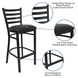 English Elm HERCULES Series Durable Ladder Back Metal Barstool for Restaurants and High-Traffic Spaces Black Vinyl Seat/Black Metal Frame XU-DG697BLAD-BAR-BLKV-GG