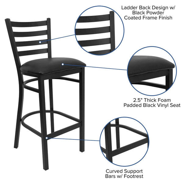 English Elm HERCULES Series Durable Ladder Back Metal Barstool for Restaurants and High-Traffic Spaces Black Vinyl Seat/Black Metal Frame XU-DG697BLAD-BAR-BLKV-GG