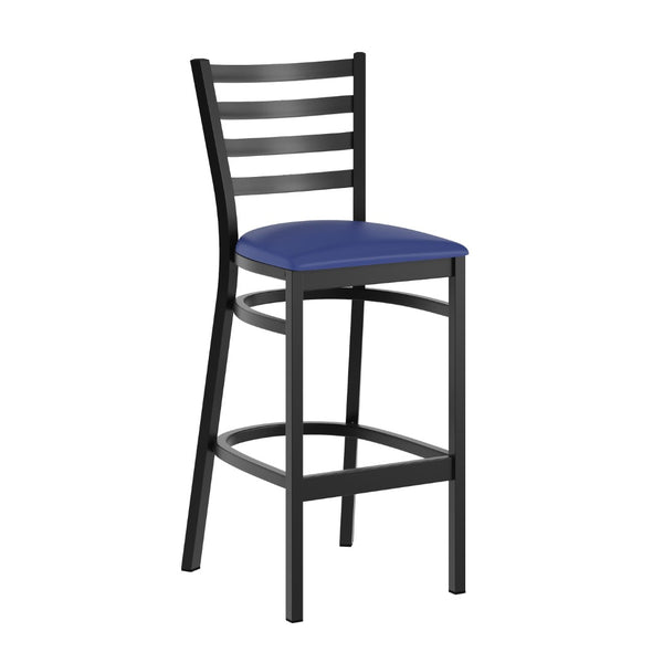 English Elm HERCULES Series Durable Ladder Back Metal Barstool for Restaurants and High-Traffic Spaces Blue Vinyl Seat/Black Metal Frame XU-DG697BLAD-BAR-BLV-GG