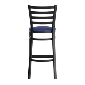 English Elm HERCULES Series Durable Ladder Back Metal Barstool for Restaurants and High-Traffic Spaces Blue Vinyl Seat/Black Metal Frame XU-DG697BLAD-BAR-BLV-GG
