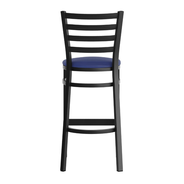 English Elm HERCULES Series Durable Ladder Back Metal Barstool for Restaurants and High-Traffic Spaces Blue Vinyl Seat/Black Metal Frame XU-DG697BLAD-BAR-BLV-GG