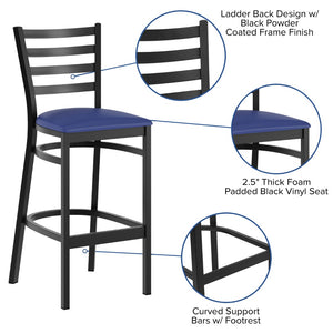 English Elm HERCULES Series Durable Ladder Back Metal Barstool for Restaurants and High-Traffic Spaces Blue Vinyl Seat/Black Metal Frame XU-DG697BLAD-BAR-BLV-GG