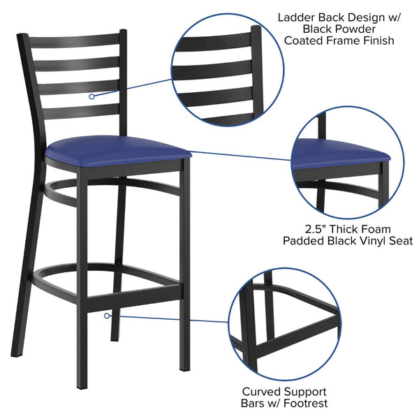 English Elm HERCULES Series Durable Ladder Back Metal Barstool for Restaurants and High-Traffic Spaces Blue Vinyl Seat/Black Metal Frame XU-DG697BLAD-BAR-BLV-GG