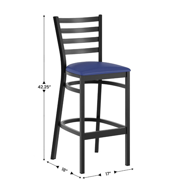 English Elm HERCULES Series Durable Ladder Back Metal Barstool for Restaurants and High-Traffic Spaces Blue Vinyl Seat/Black Metal Frame XU-DG697BLAD-BAR-BLV-GG