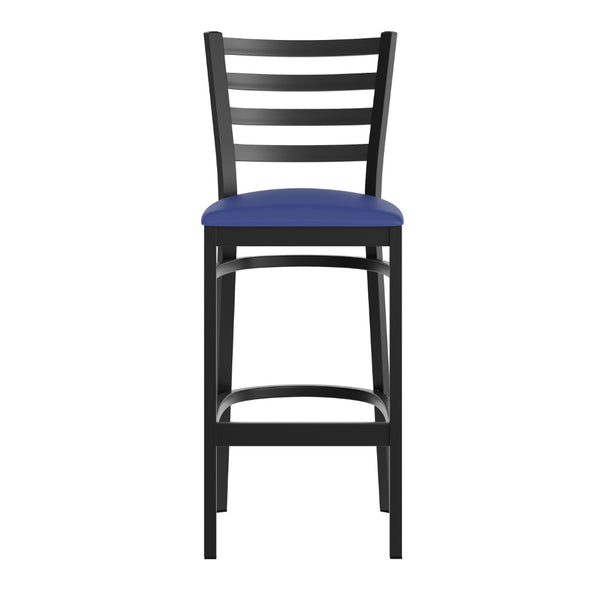 English Elm HERCULES Series Durable Ladder Back Metal Barstool for Restaurants and High-Traffic Spaces Blue Vinyl Seat/Black Metal Frame XU-DG697BLAD-BAR-BLV-GG