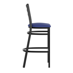 English Elm HERCULES Series Durable Ladder Back Metal Barstool for Restaurants and High-Traffic Spaces Blue Vinyl Seat/Black Metal Frame XU-DG697BLAD-BAR-BLV-GG