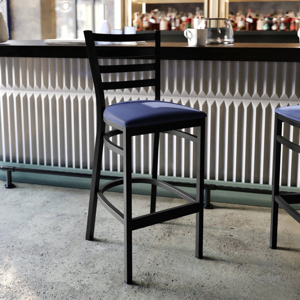 English Elm HERCULES Series Durable Ladder Back Metal Barstool for Restaurants and High-Traffic Spaces Blue Vinyl Seat/Black Metal Frame XU-DG697BLAD-BAR-BLV-GG