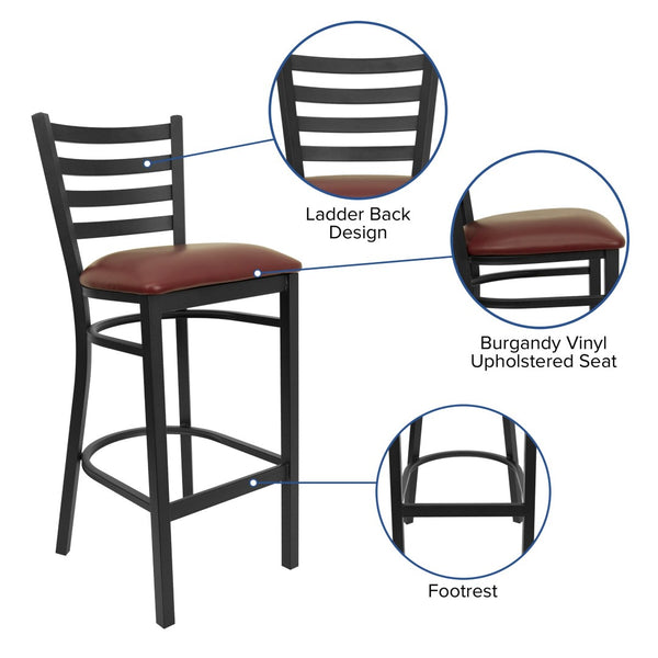 English Elm HERCULES Series Durable Ladder Back Metal Barstool for Restaurants and High-Traffic Spaces Burgundy Vinyl Seat/Black Metal Frame XU-DG697BLAD-BAR-BURV-GG