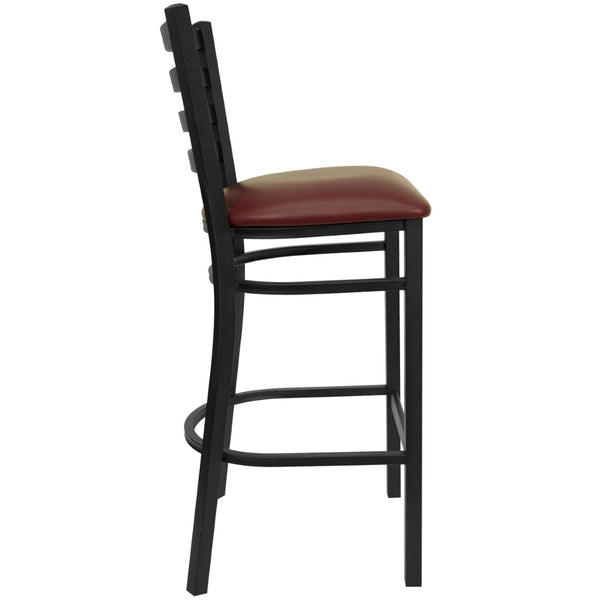 English Elm HERCULES Series Durable Ladder Back Metal Barstool for Restaurants and High-Traffic Spaces Burgundy Vinyl Seat/Black Metal Frame XU-DG697BLAD-BAR-BURV-GG