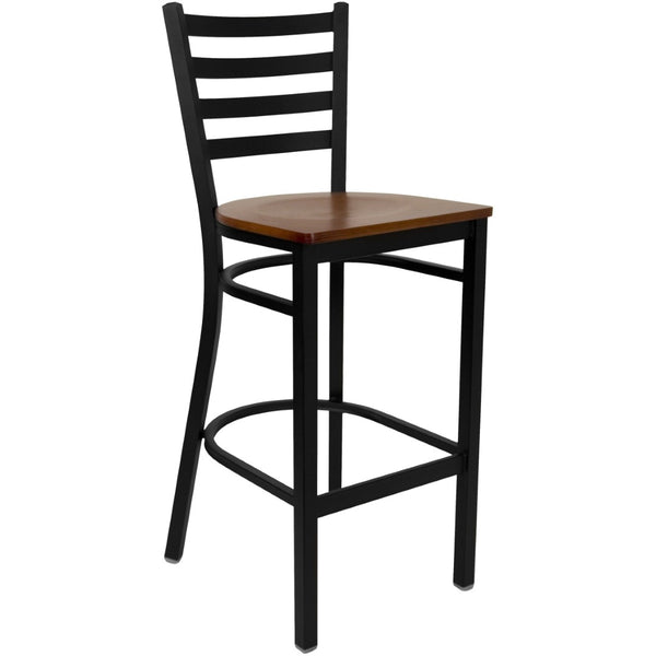 English Elm HERCULES Series Durable Ladder Back Metal Barstool for Restaurants and High-Traffic Spaces Cherry Wood Seat/Black Metal Frame XU-DG697BLAD-BAR-CHYW-GG