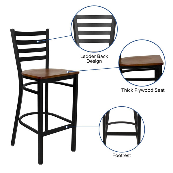 English Elm HERCULES Series Durable Ladder Back Metal Barstool for Restaurants and High-Traffic Spaces Cherry Wood Seat/Black Metal Frame XU-DG697BLAD-BAR-CHYW-GG