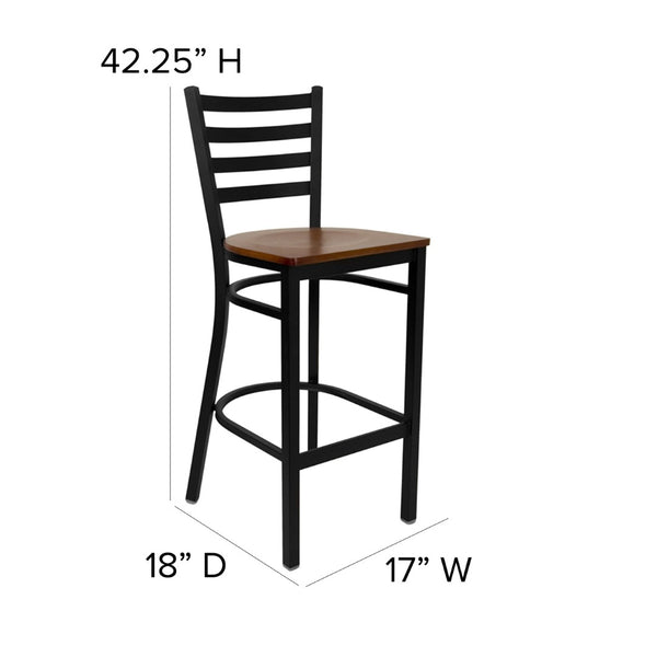 English Elm HERCULES Series Durable Ladder Back Metal Barstool for Restaurants and High-Traffic Spaces Cherry Wood Seat/Black Metal Frame XU-DG697BLAD-BAR-CHYW-GG