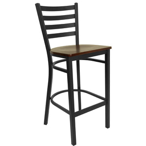 English Elm HERCULES Series Durable Ladder Back Metal Barstool for Restaurants and High-Traffic Spaces Mahogany Wood Seat/Black Metal Frame XU-DG697BLAD-BAR-MAHW-GG