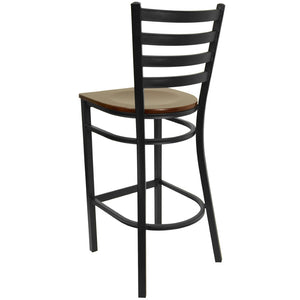 English Elm HERCULES Series Durable Ladder Back Metal Barstool for Restaurants and High-Traffic Spaces Mahogany Wood Seat/Black Metal Frame XU-DG697BLAD-BAR-MAHW-GG