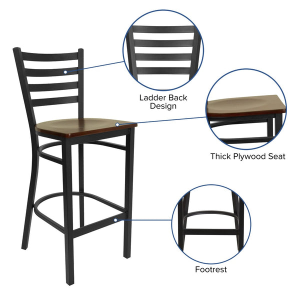 English Elm HERCULES Series Durable Ladder Back Metal Barstool for Restaurants and High-Traffic Spaces Mahogany Wood Seat/Black Metal Frame XU-DG697BLAD-BAR-MAHW-GG