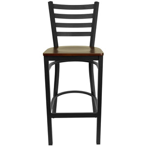 English Elm HERCULES Series Durable Ladder Back Metal Barstool for Restaurants and High-Traffic Spaces Mahogany Wood Seat/Black Metal Frame XU-DG697BLAD-BAR-MAHW-GG