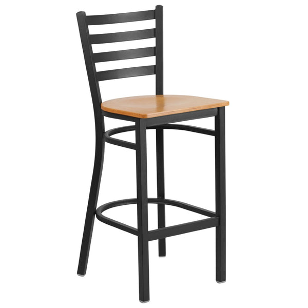 English Elm HERCULES Series Durable Ladder Back Metal Barstool for Restaurants and High-Traffic Spaces Natural Wood Seat/Black Metal Frame XU-DG697BLAD-BAR-NATW-GG