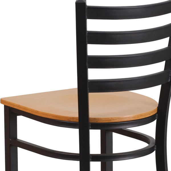English Elm HERCULES Series Durable Ladder Back Metal Barstool for Restaurants and High-Traffic Spaces Natural Wood Seat/Black Metal Frame XU-DG697BLAD-BAR-NATW-GG