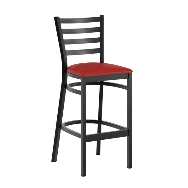 English Elm HERCULES Series Durable Ladder Back Metal Barstool for Restaurants and High-Traffic Spaces Red Vinyl Seat/Black Metal Frame XU-DG697BLAD-BAR-RDV-GG