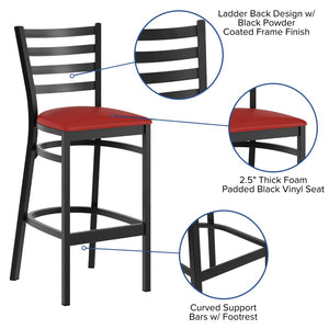 English Elm HERCULES Series Durable Ladder Back Metal Barstool for Restaurants and High-Traffic Spaces Red Vinyl Seat/Black Metal Frame XU-DG697BLAD-BAR-RDV-GG