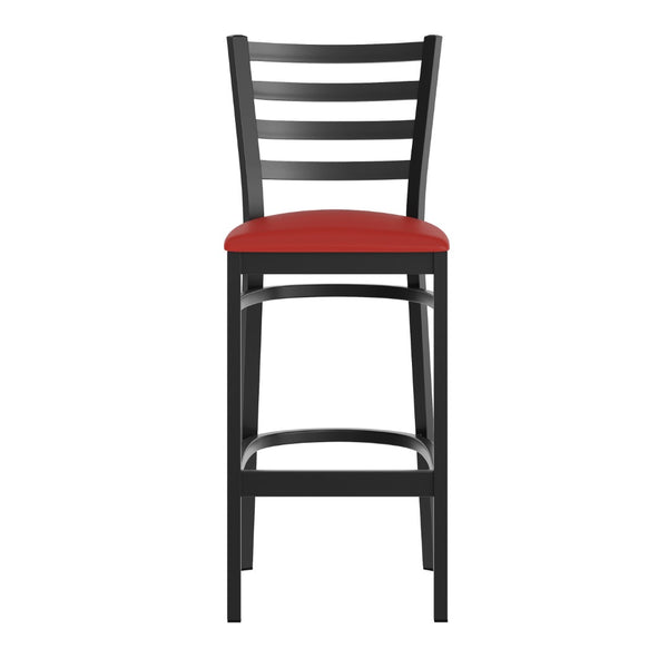 English Elm HERCULES Series Durable Ladder Back Metal Barstool for Restaurants and High-Traffic Spaces Red Vinyl Seat/Black Metal Frame XU-DG697BLAD-BAR-RDV-GG