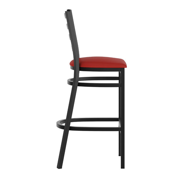 English Elm HERCULES Series Durable Ladder Back Metal Barstool for Restaurants and High-Traffic Spaces Red Vinyl Seat/Black Metal Frame XU-DG697BLAD-BAR-RDV-GG