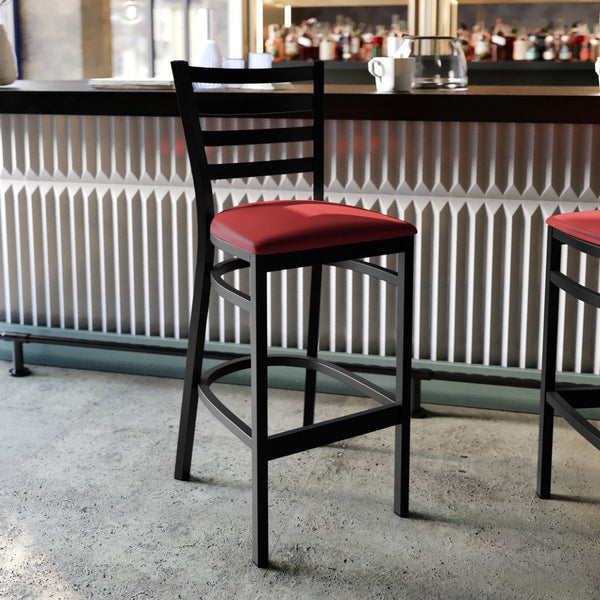 English Elm HERCULES Series Durable Ladder Back Metal Barstool for Restaurants and High-Traffic Spaces Red Vinyl Seat/Black Metal Frame XU-DG697BLAD-BAR-RDV-GG