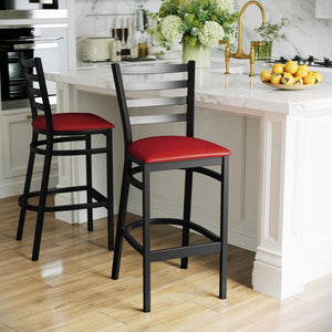 English Elm HERCULES Series Durable Ladder Back Metal Barstool for Restaurants and High-Traffic Spaces Red Vinyl Seat/Black Metal Frame XU-DG697BLAD-BAR-RDV-GG