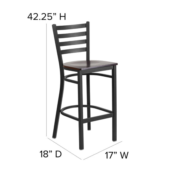 English Elm HERCULES Series Durable Ladder Back Metal Barstool for Restaurants and High-Traffic Spaces Walnut Wood Seat/Black Metal Frame XU-DG697BLAD-BAR-WALW-GG