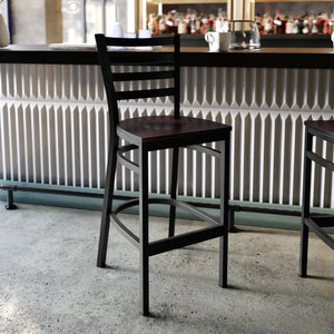 English Elm HERCULES Series Durable Ladder Back Metal Barstool for Restaurants and High-Traffic Spaces Walnut Wood Seat/Black Metal Frame XU-DG697BLAD-BAR-WALW-GG