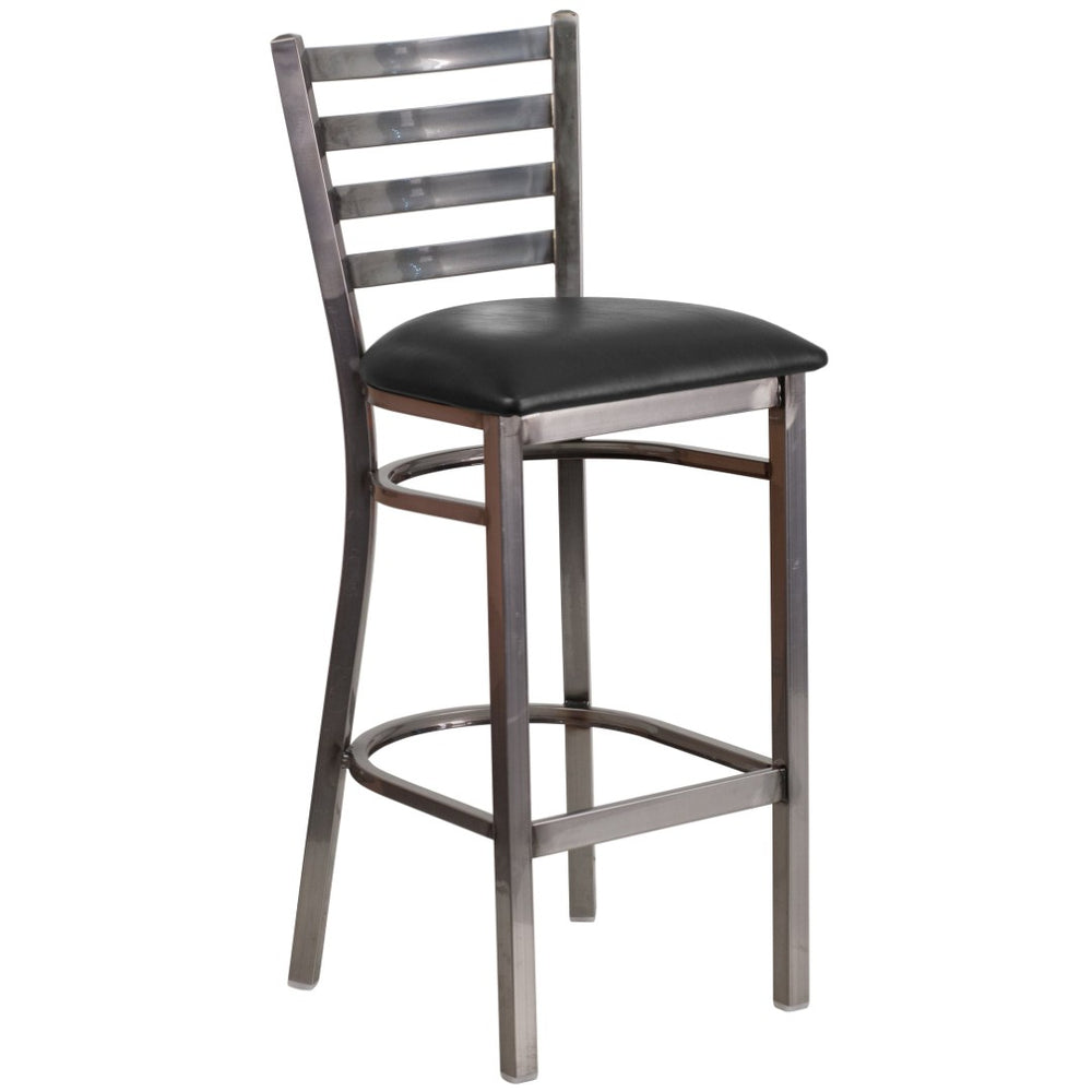 English Elm HERCULES Series Durable Silver Antique Metal Barstool with Cushioned Seat for Restaurants & Home Use Black Vinyl Seat/Clear Coated Metal Frame XU-DG697BLAD-CLR-BAR-BLKV-GG