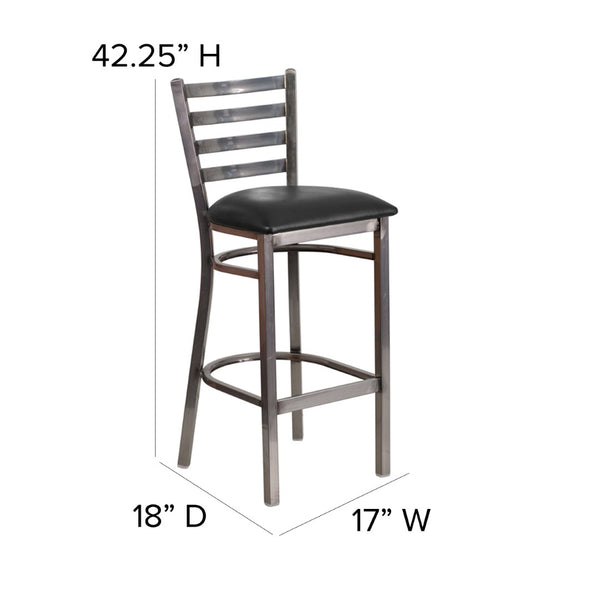 English Elm HERCULES Series Durable Silver Antique Metal Barstool with Cushioned Seat for Restaurants & Home Use Black Vinyl Seat/Clear Coated Metal Frame XU-DG697BLAD-CLR-BAR-BLKV-GG