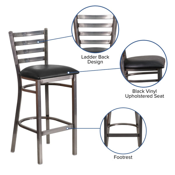 English Elm HERCULES Series Durable Silver Antique Metal Barstool with Cushioned Seat for Restaurants & Home Use Black Vinyl Seat/Clear Coated Metal Frame XU-DG697BLAD-CLR-BAR-BLKV-GG
