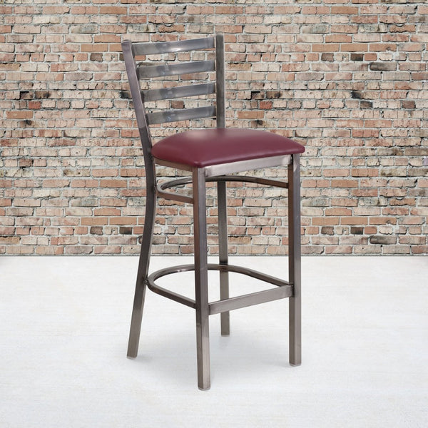 English Elm HERCULES Series Durable Silver Antique Metal Barstool with Cushioned Seat for Restaurants & Home Use Burgundy Vinyl Seat/Clear Coated Metal Frame XU-DG697BLAD-CLR-BAR-BURV-GG